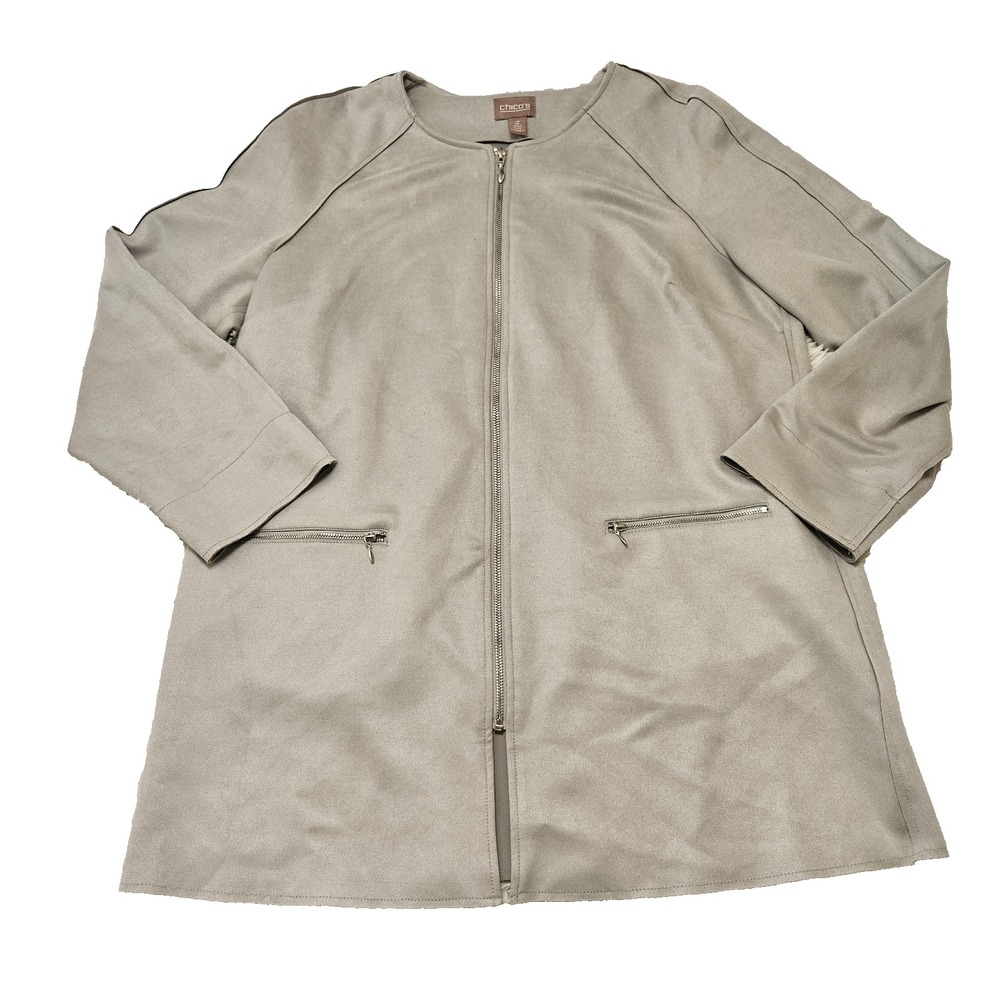 Chicos Neutral Gray‎ Faux Suede Full Zip Quiet Luxury Minimalist Jacket Sz 2/L